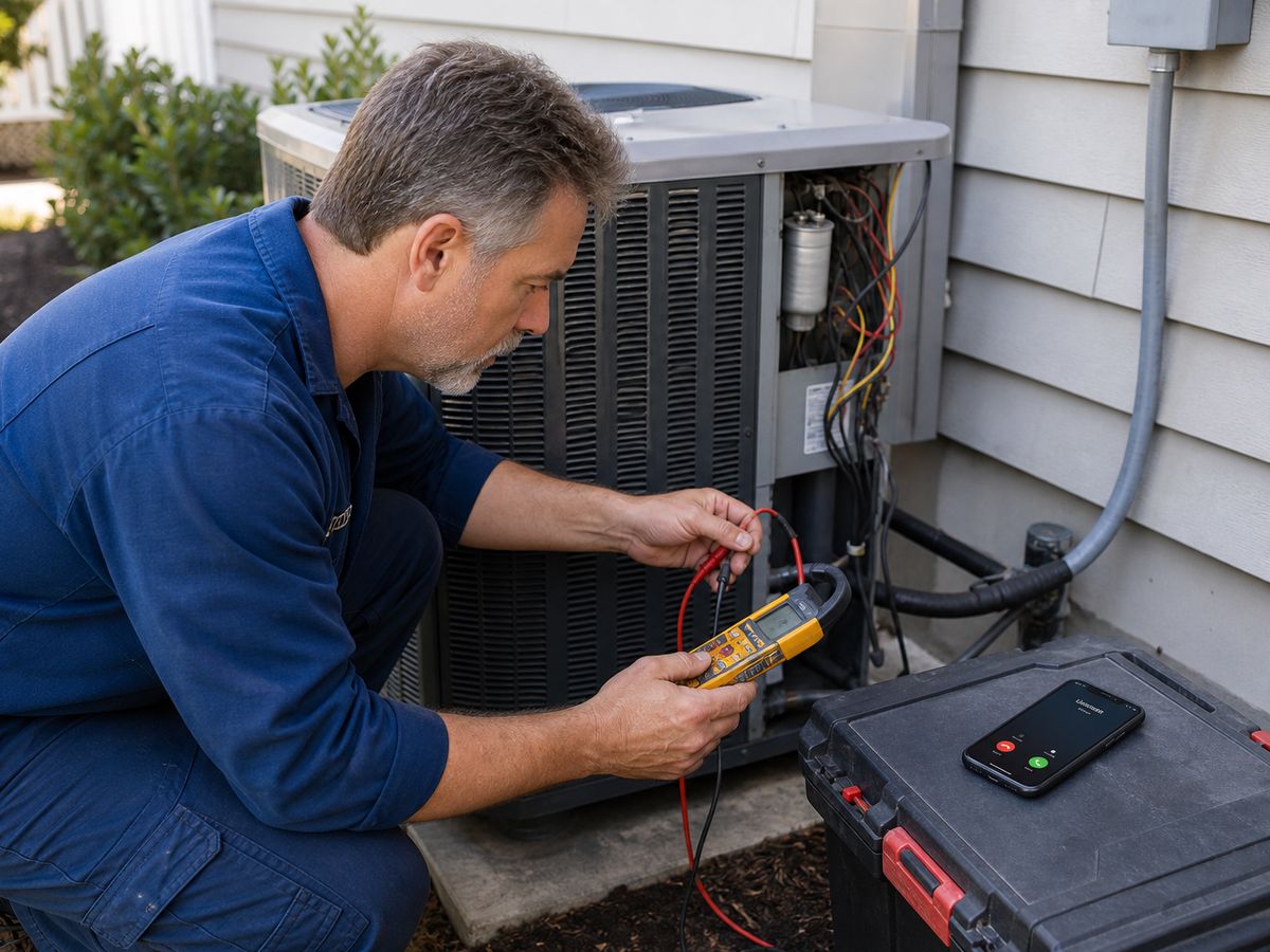 HVAC technician testing an outdoor condenser with a meter, both hands busy, phone ringing on the toolbox beside him
