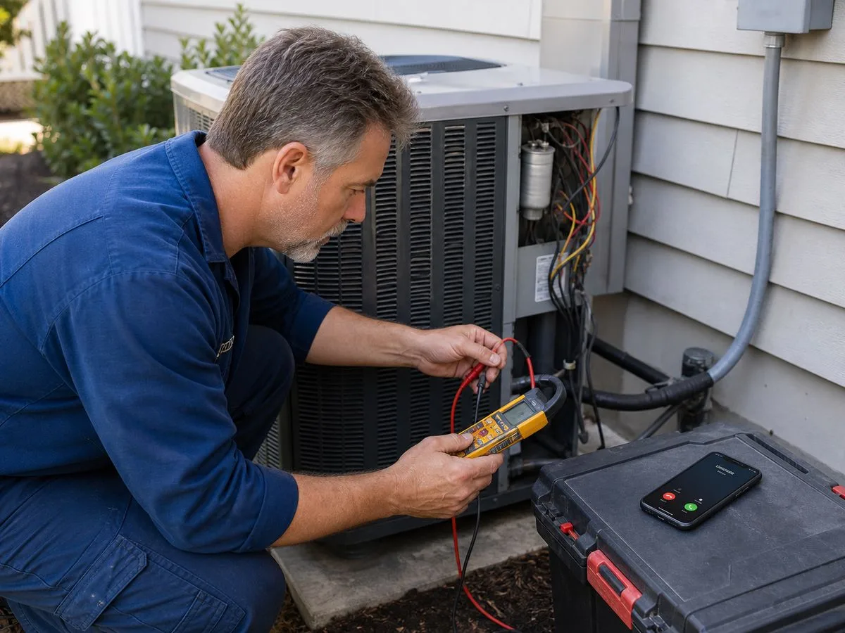 HVAC technician testing an outdoor condenser with a meter, both hands busy, phone ringing on the toolbox beside him