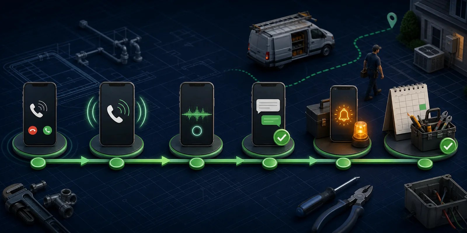 Workflow: a customer call rings three times, routes to the AI voice agent, the agent captures the job details, a branded follow-up text fires, an alert reaches the owner's phone, and the job is booked