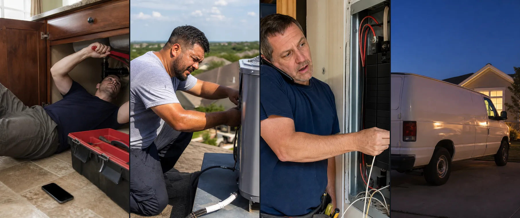 Plumber under a kitchen sink, HVAC tech on a hot Austin roof, electrician taking a call mid-job, and a service van parked at dusk